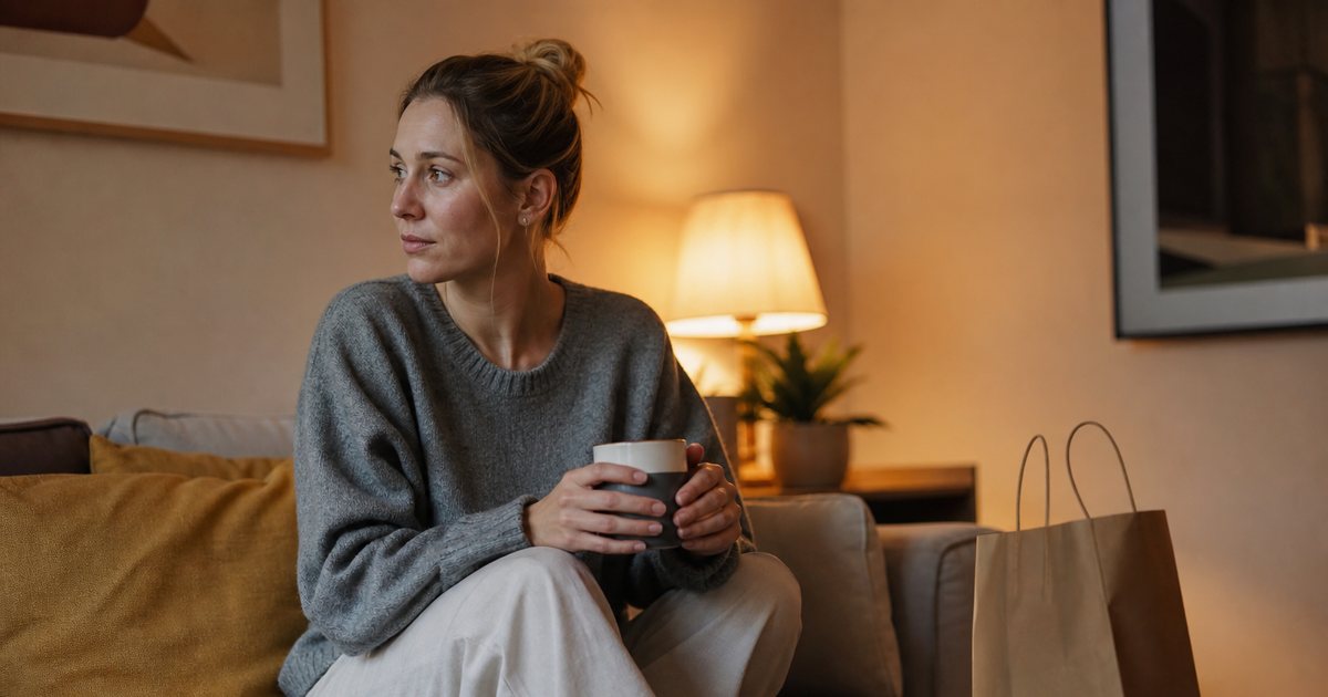 A woman on a sofa in a living room holding a mug of tea, a closed laptop on the coffee table beside a paper shopping bag, evening lamp light
