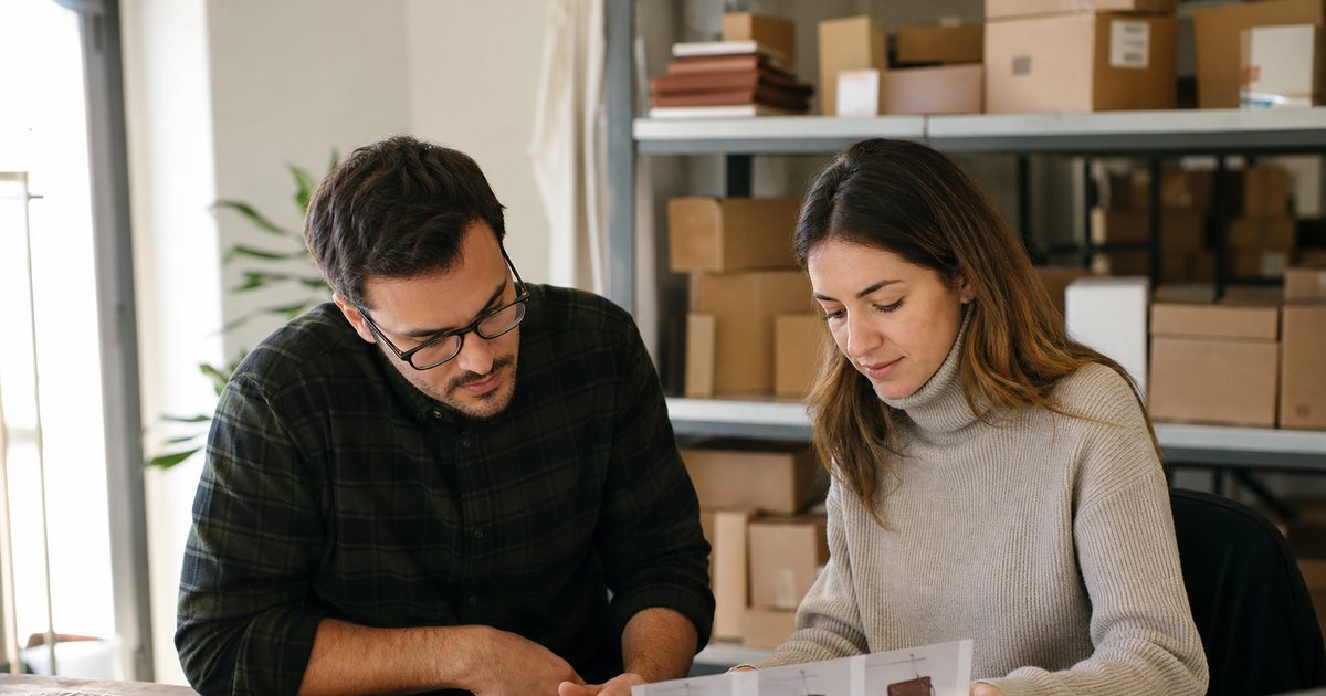 Two coworkers at a wooden table in a small ecommerce office reviewing a printed product catalog, shipping boxes stacked along the wall, afternoon light