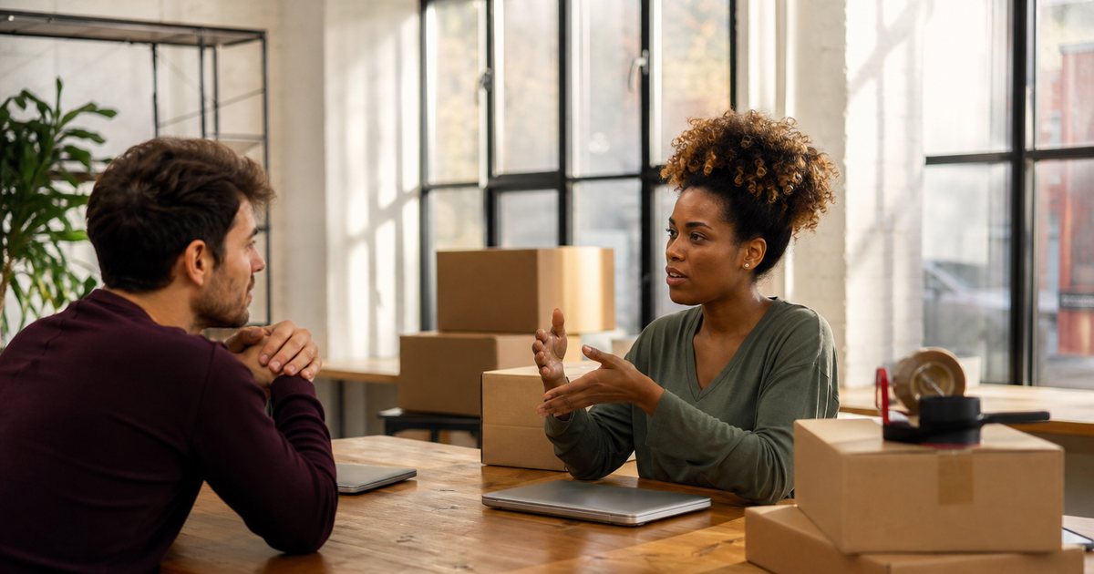 Two people talking across a long wooden desk in a bright loft office, closed laptops pushed aside, cardboard shipping boxes and a roll of packing tape stacked by tall windows in warm morning light