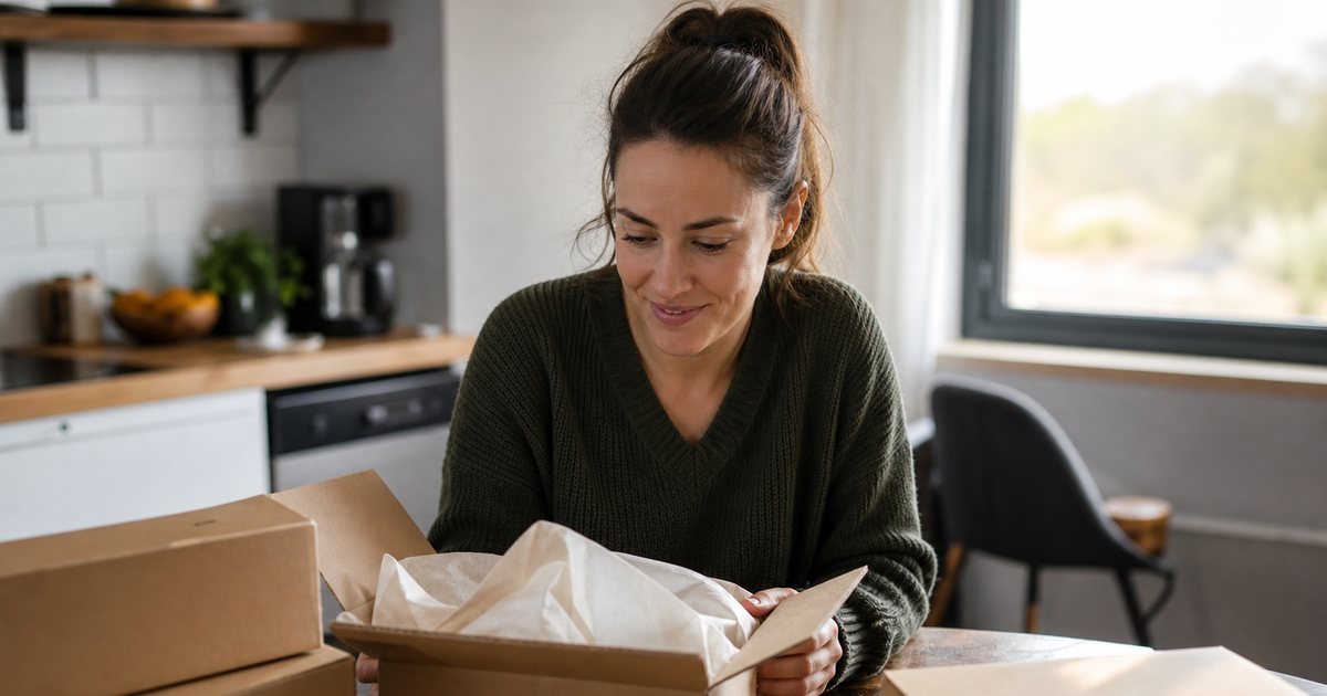 A person at a kitchen table surrounded by several small cardboard delivery boxes, one opened with tissue paper spilling out, morning light through the window