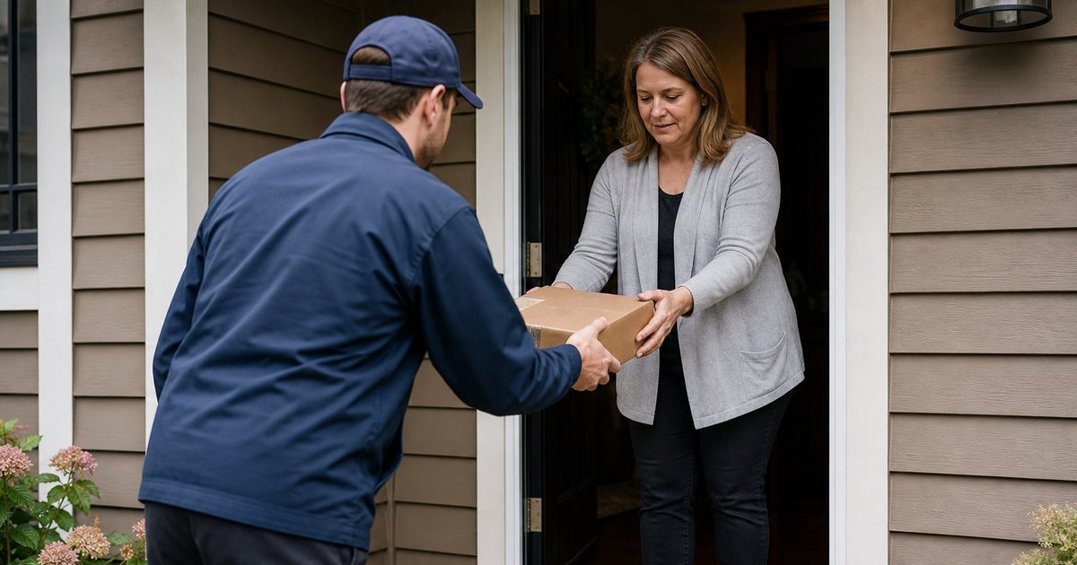 A delivery driver handing a small cardboard package to a customer at a suburban front door, a second sealed return package sitting on the porch step