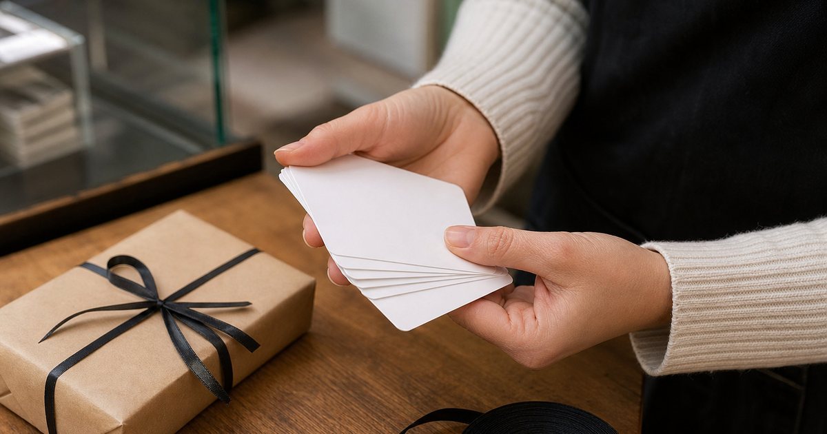 Close-up of hands holding a small stack of plain unbranded gift cards over a wooden retail counter, a wrapped package and a spool of ribbon nearby