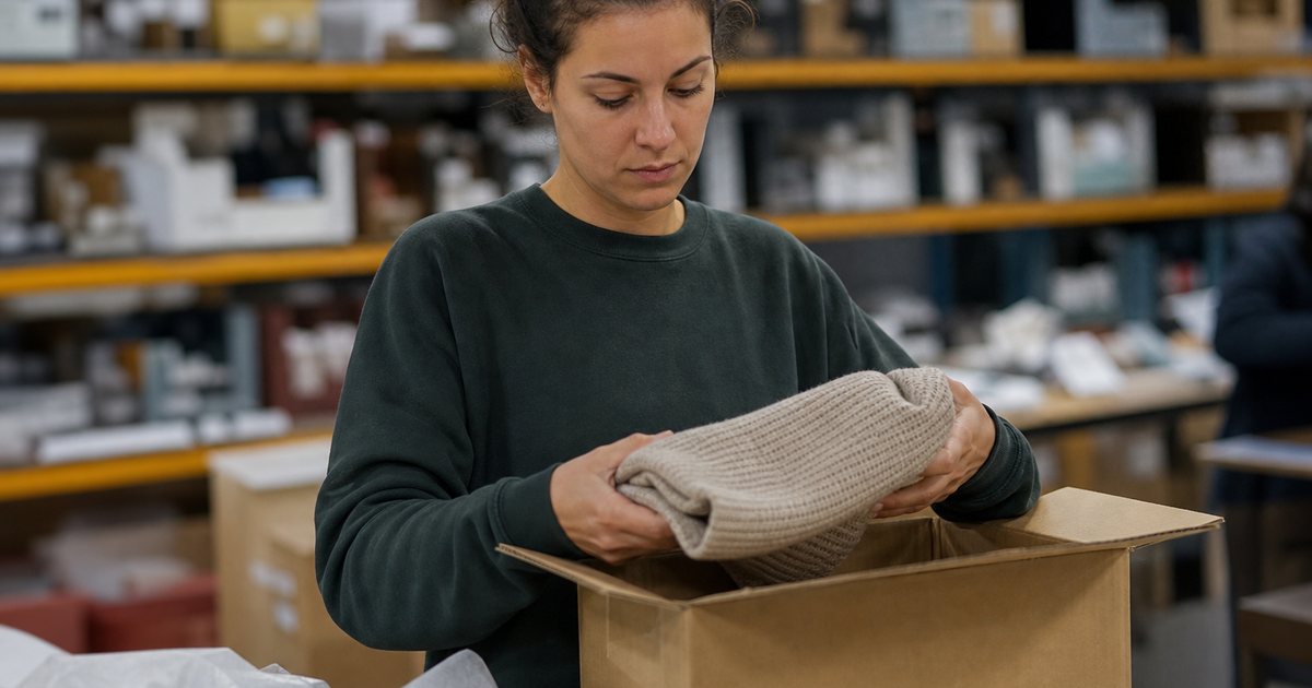 Warehouse worker at a returns counter opening a cardboard box and inspecting a folded sweater, shelves of inventory behind her