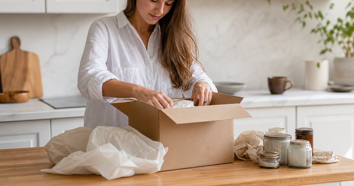 A woman unpacking a plain kraft cardboard box on a sunlit kitchen counter, tissue paper and small unlabeled glass jars beside her, coffee cup in the background